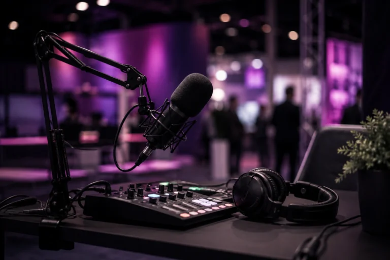 Studio mobile d'enregistrement de podcast lors d'un salon